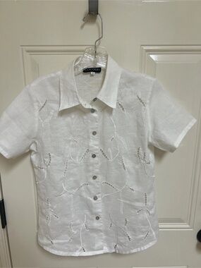 Cocoon White Blouse Shirt Dragon Fly  buttons 100% Linen Size Small